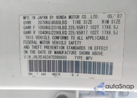 2007 Honda Cr-V Lx z USA, uszkodzony, nr VIN JHLRE48347C098685